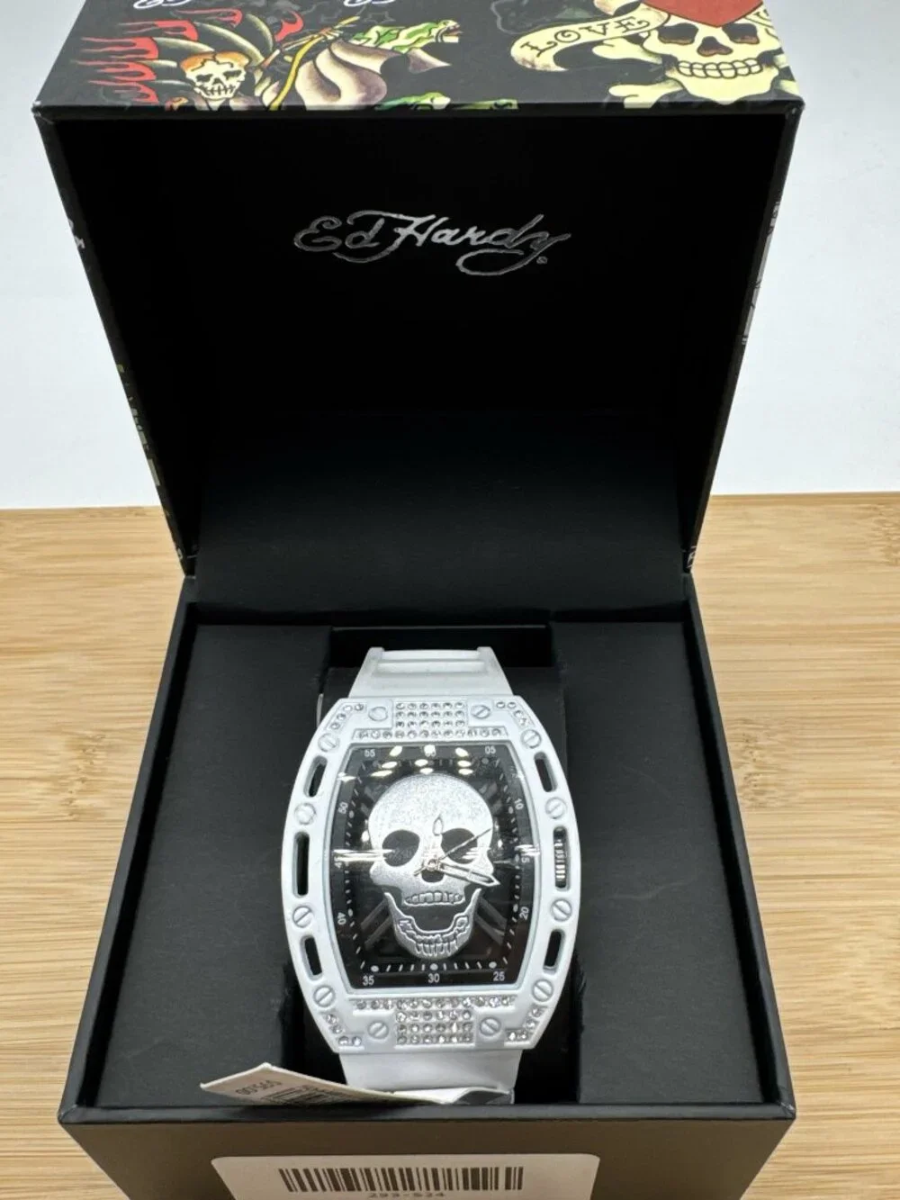 Ed Hardy White Skull Dial Watch Crystal Bezel White Silicone Strap
